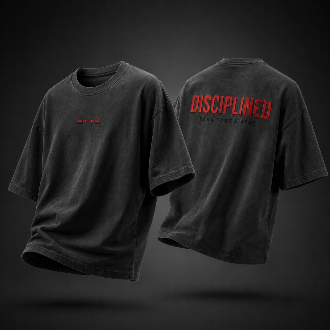 Disciplined Oversized Tee — Washed Charcoal / Red